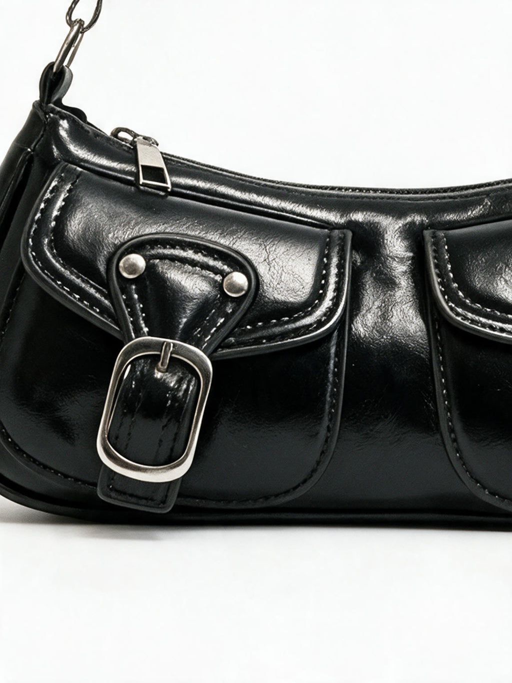 Black leather baguette bag with two buckled front pockets