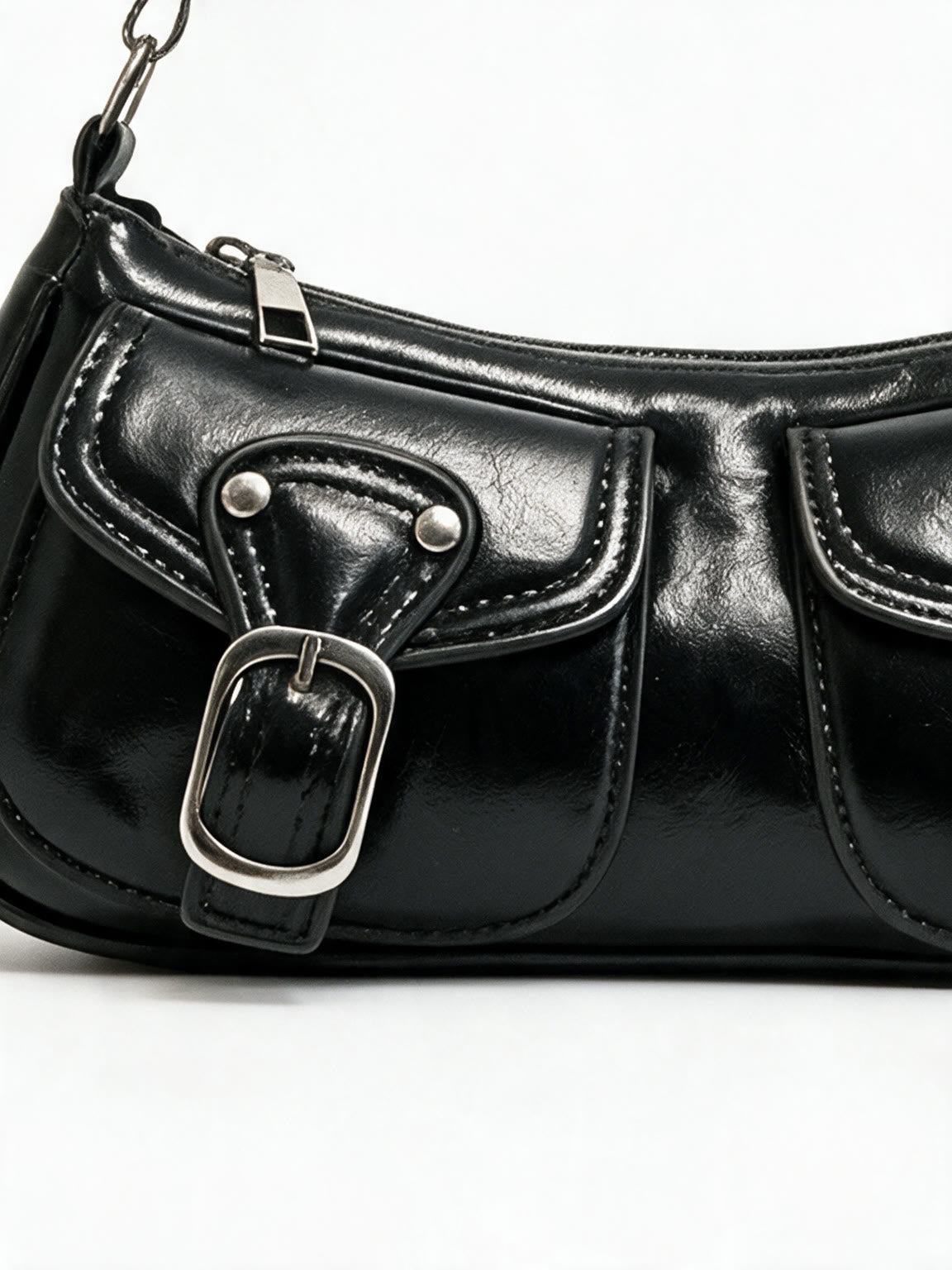 Black leather baguette bag with two buckled front pockets