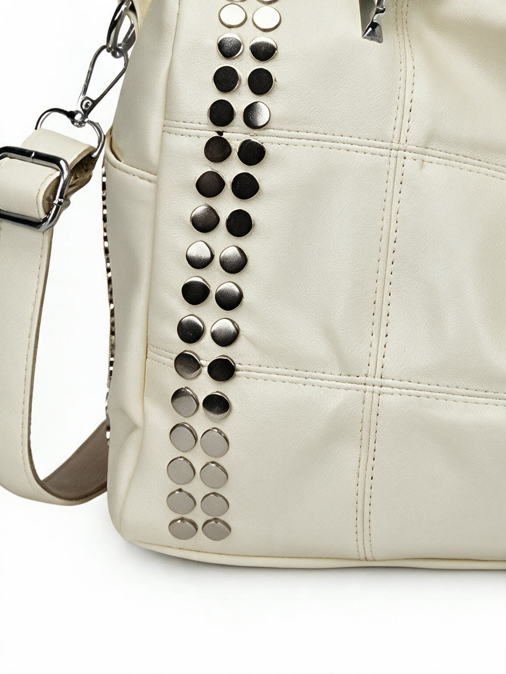 Ivory leather moto tote bag with silver studs