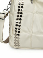 Ivory leather moto tote bag with silver studs