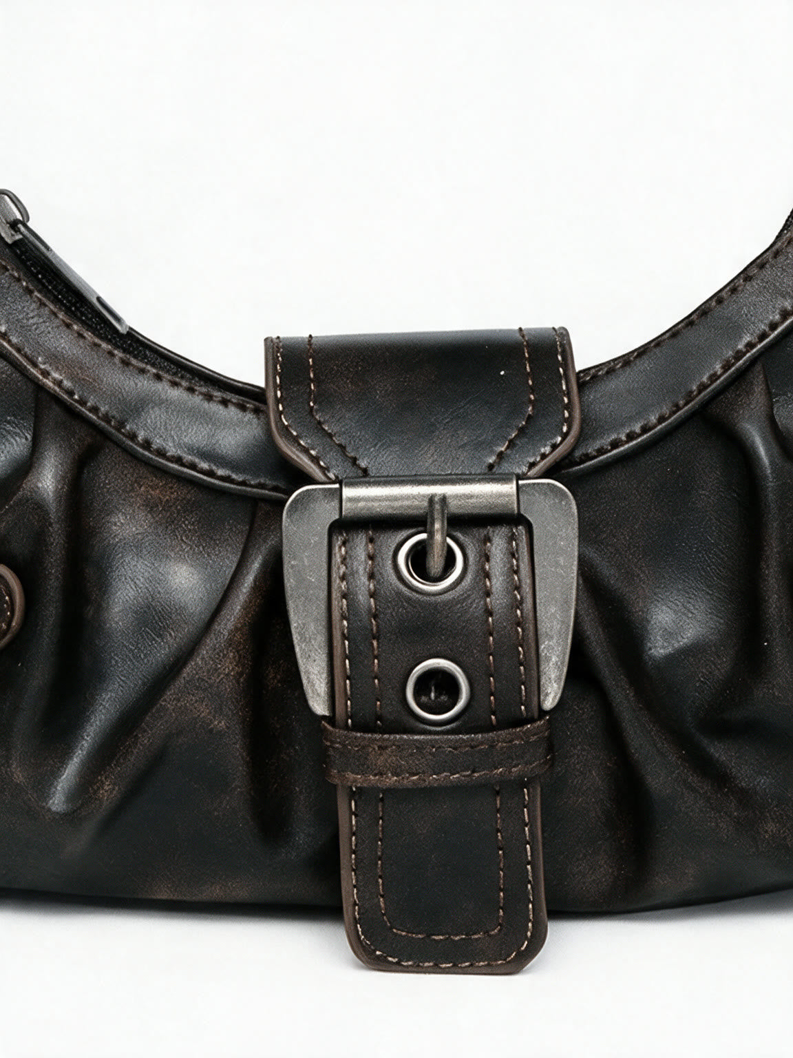 Pleated black leather baguette bag with a centre buckle