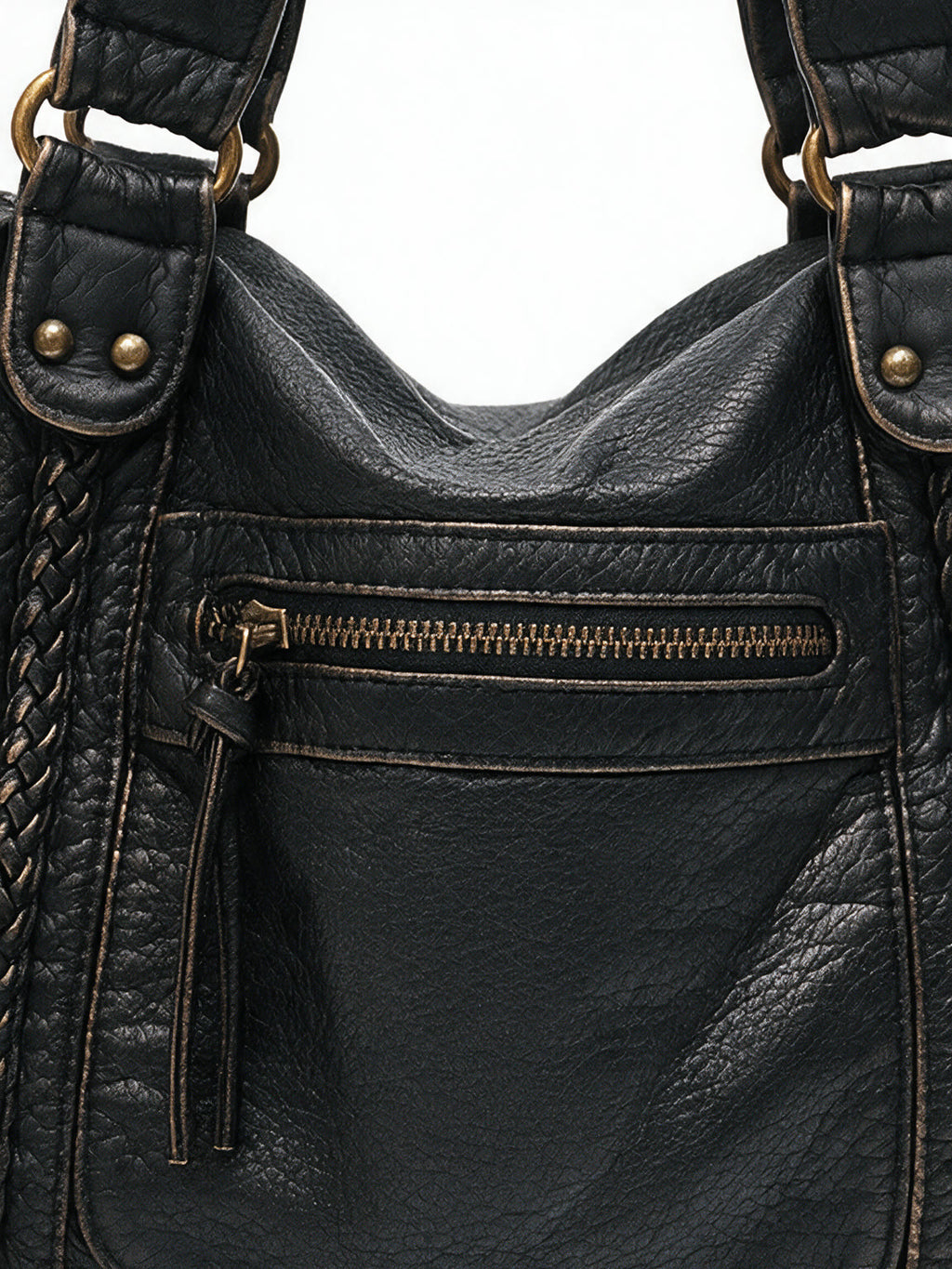 Washed black leather zip tote with braided trim