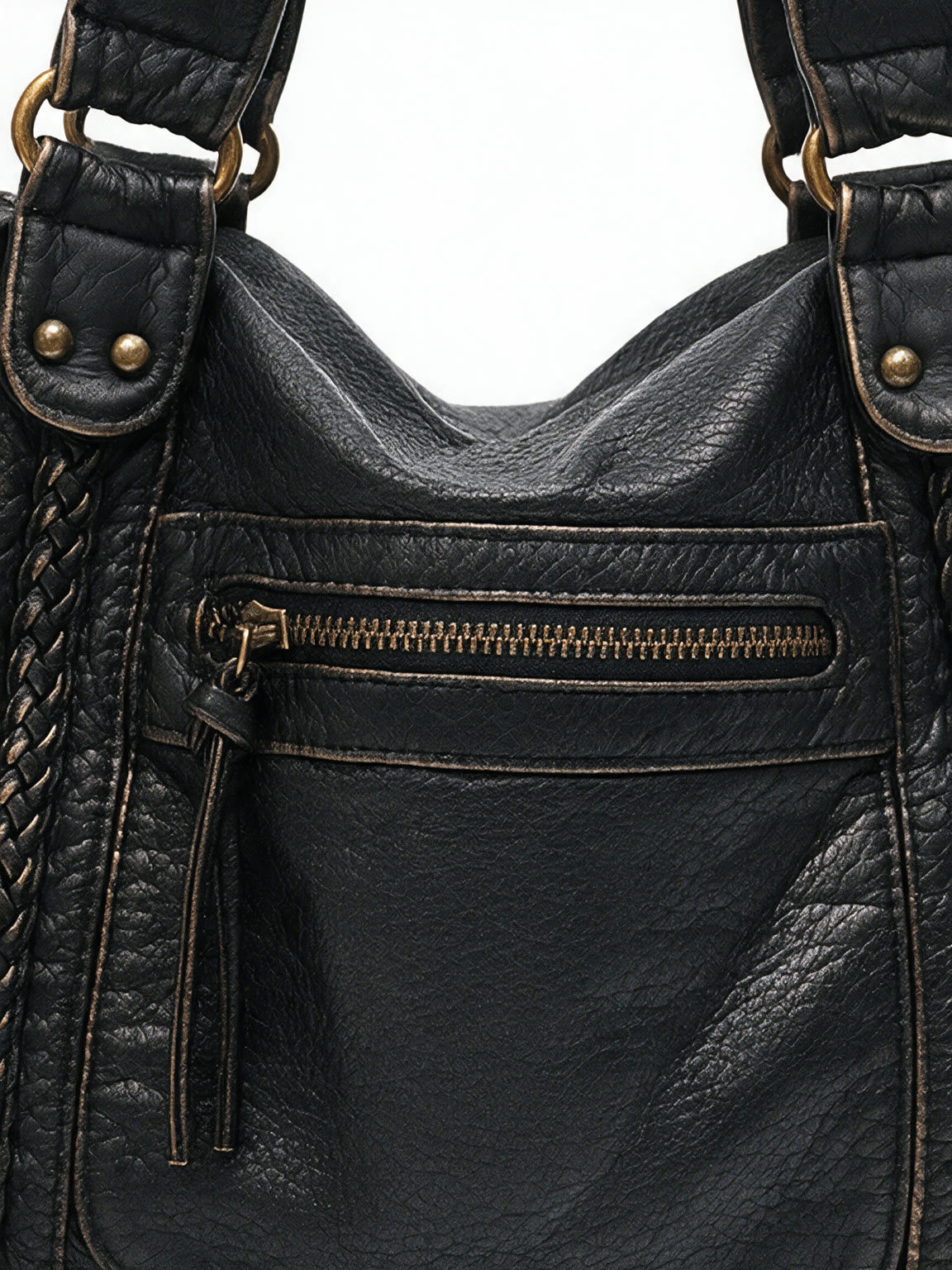Washed black leather zip tote with braided trim