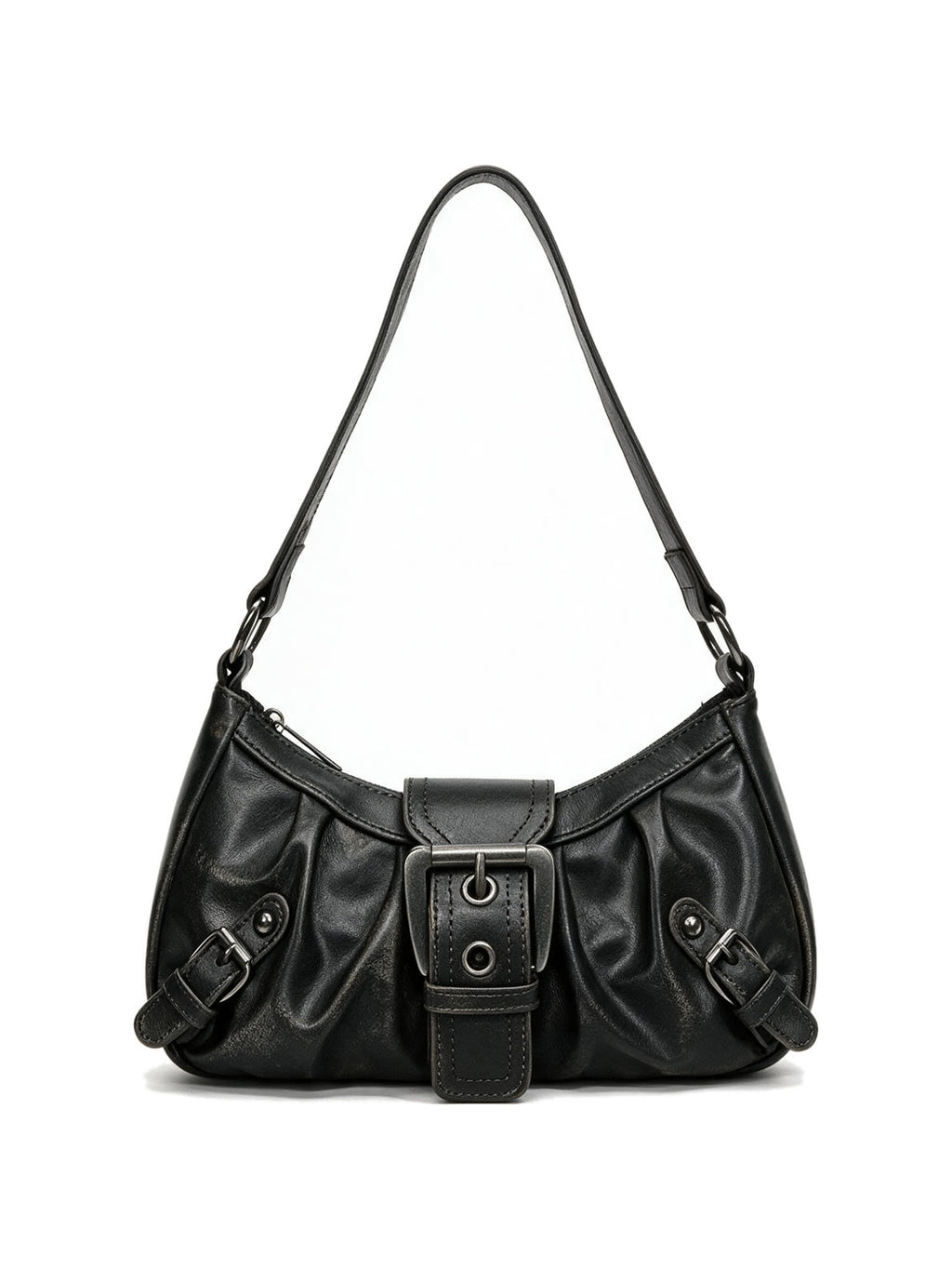Distressed black leather buckle shoulder bag
