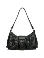 Distressed black leather buckle shoulder bag