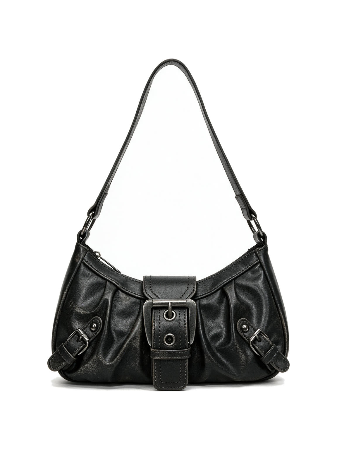 Distressed black leather buckle shoulder bag
