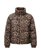 Cropped brown leopard print glitter puffer jacket