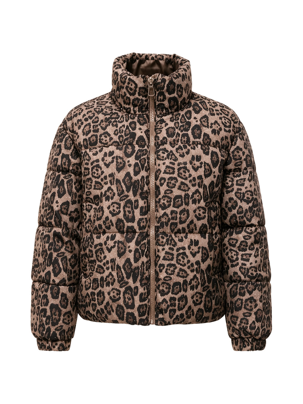 Cropped brown leopard print glitter puffer jacket