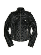 Black leather moto jacket with epaulettes and a flap pocket