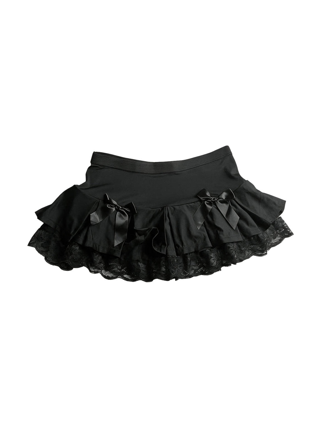 Black ruffle mini skirt with lace trim and satin bows