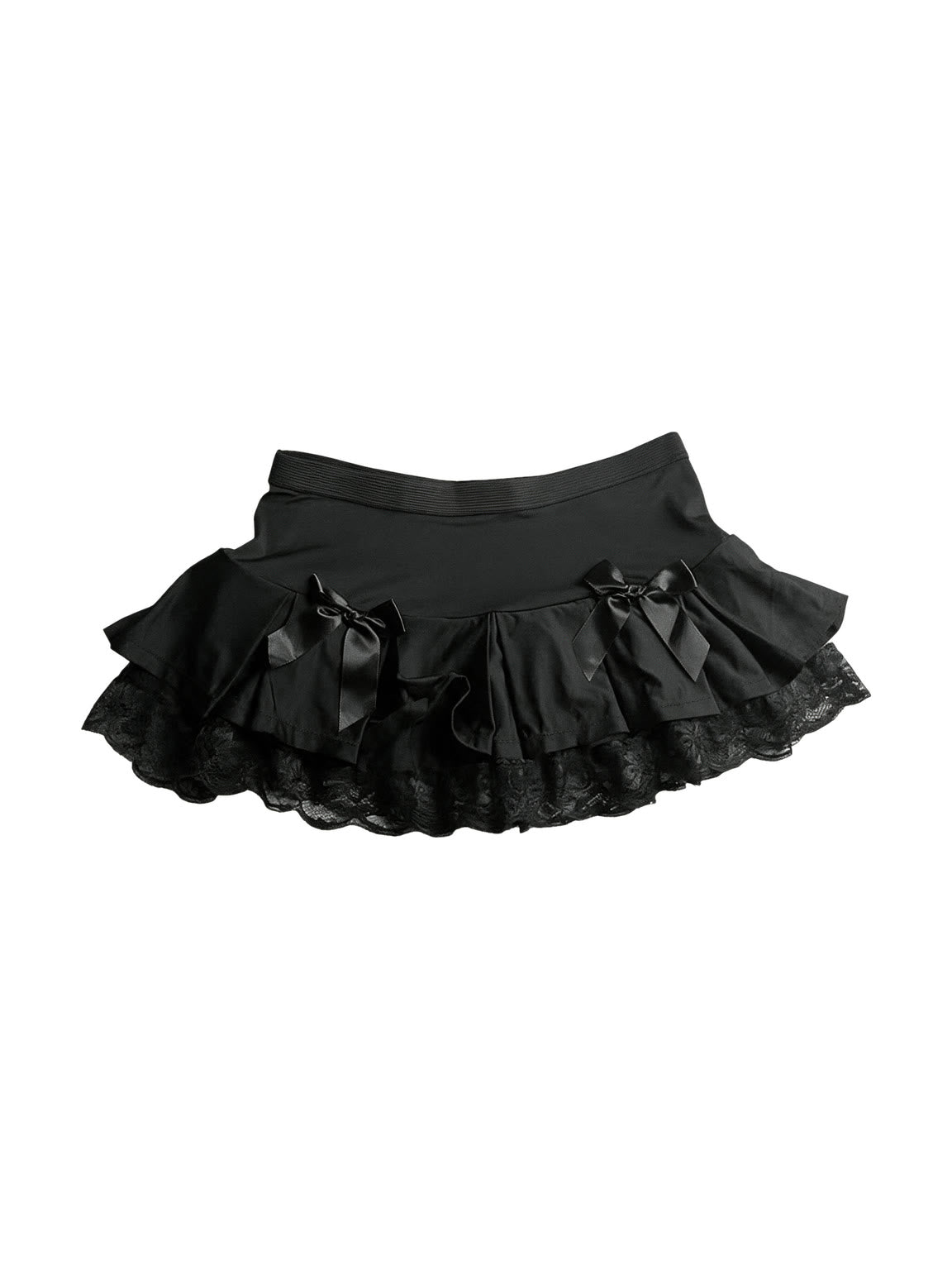 Black ruffle mini skirt with lace trim and satin bows