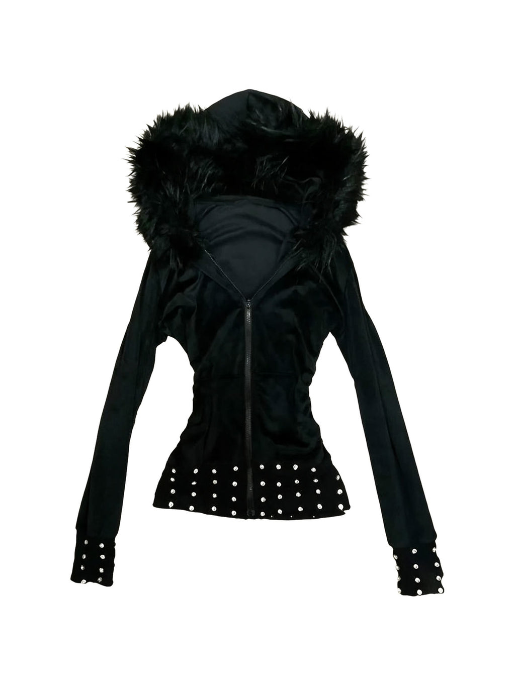 Slim black jacket with a faux fur hood and studded hem