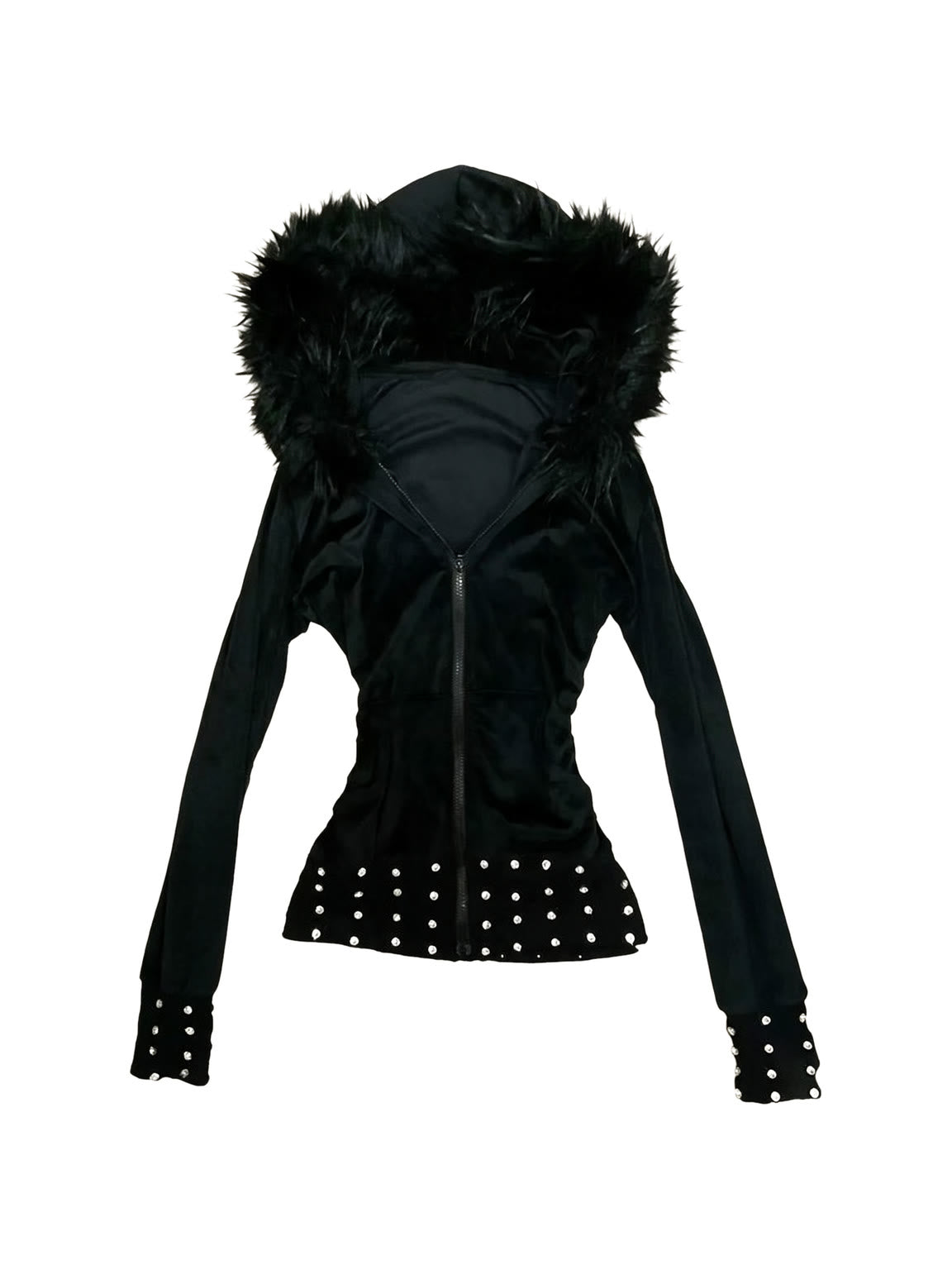 Slim black jacket with a faux fur hood and studded hem