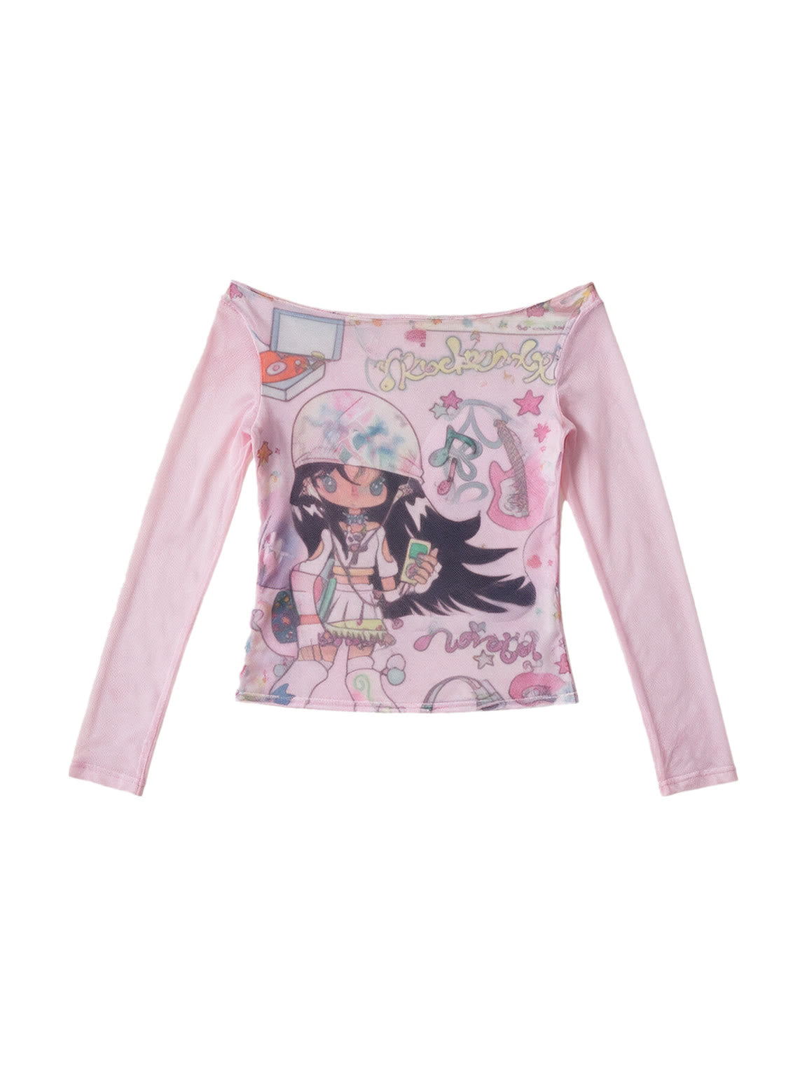 Pink sheer mesh long sleeve top with anime print