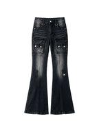 Washed black cargo flare jeans