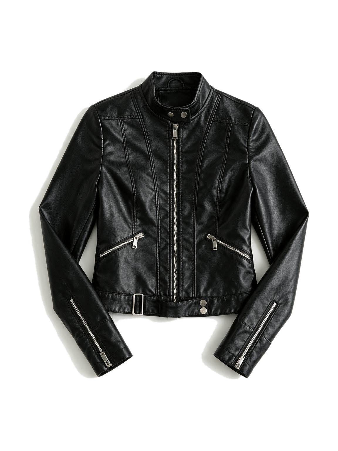 Black leather biker jacket with zip pockets and a belt
