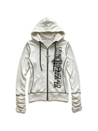 White zip hoodie with a cross print and ruched sleeves