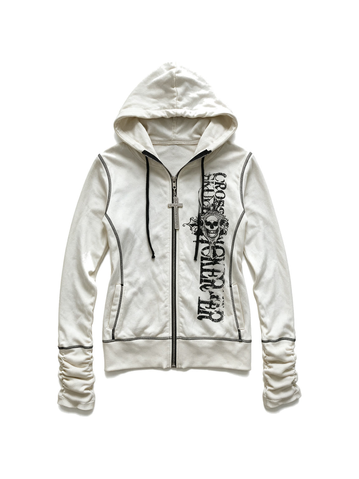 White zip hoodie with a cross print and ruched sleeves