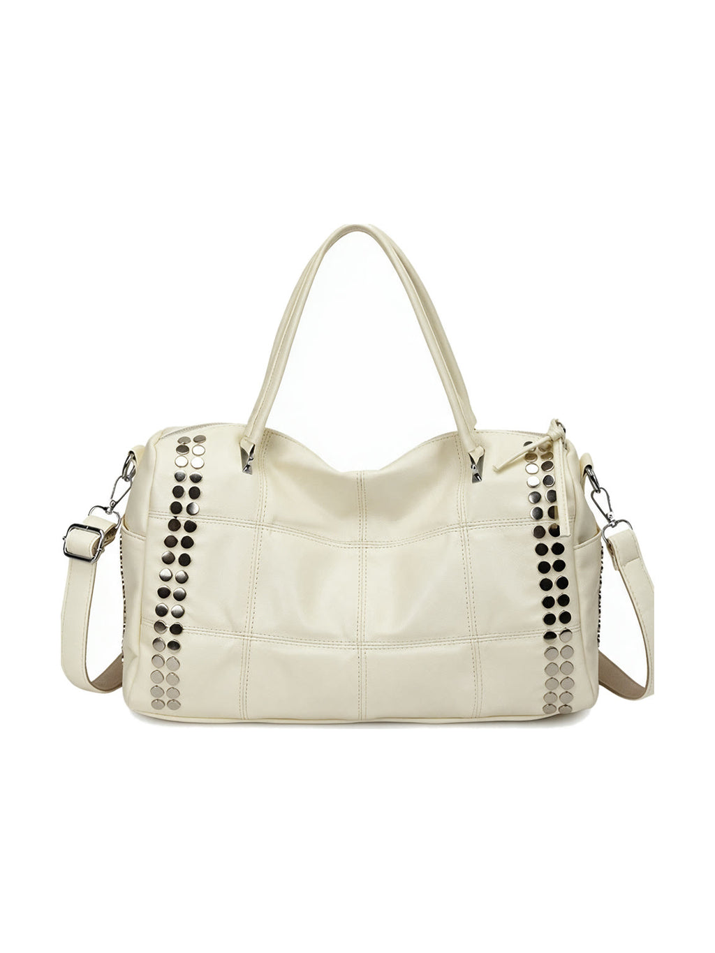 Ivory leather moto tote bag with silver studs