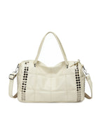 Ivory leather moto tote bag with silver studs