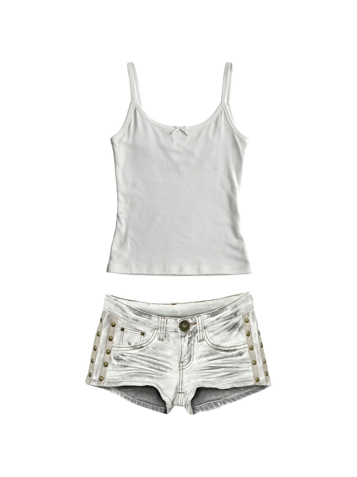 White cami with embroidered angel wings and studded white denim shorts
