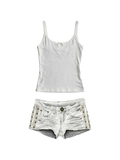 White cami with embroidered angel wings and studded white denim shorts