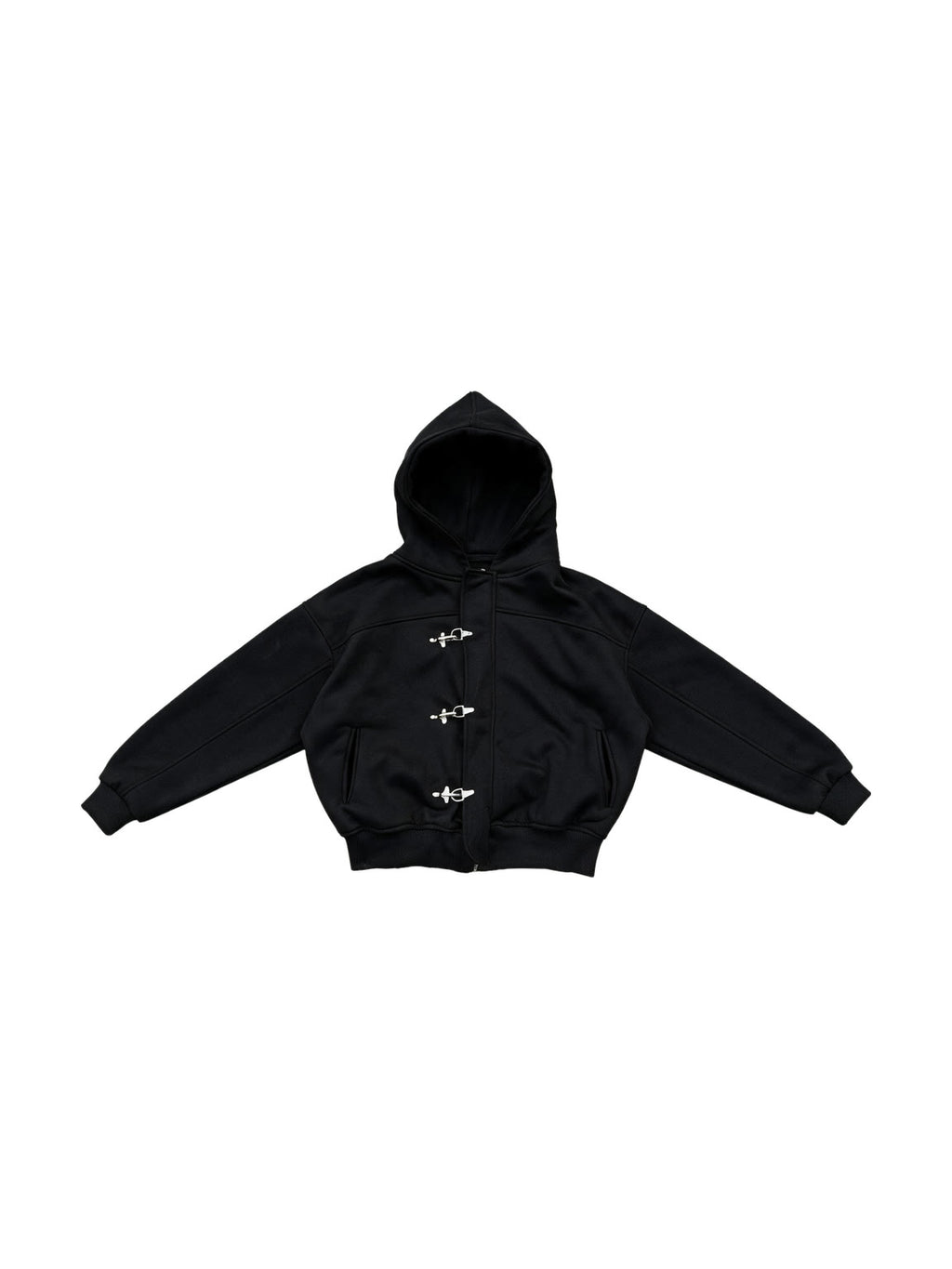 Boxy black hooded sweat jacket with silver toggle clasps