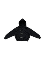 Boxy black hooded sweat jacket with silver toggle clasps