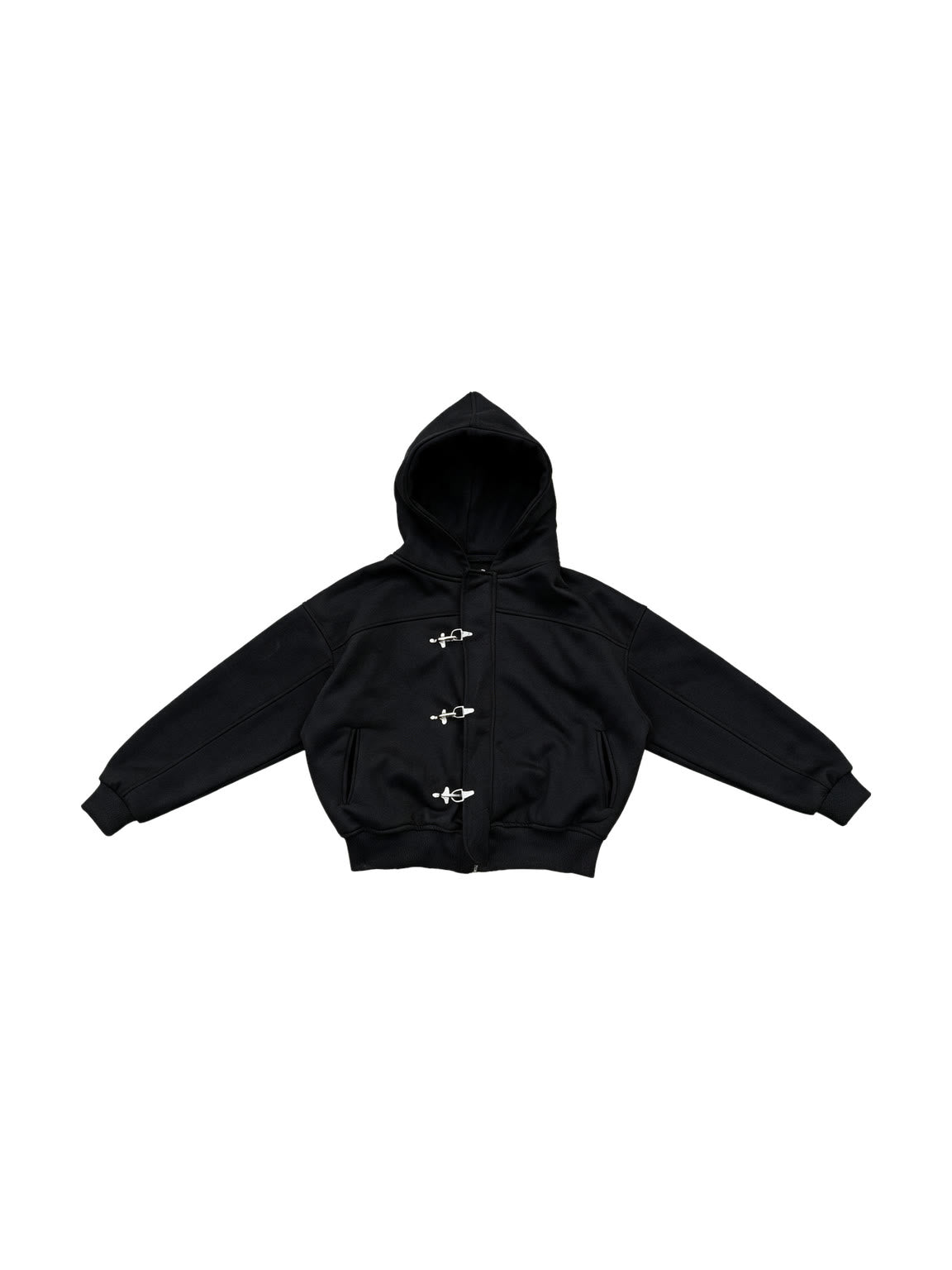 Boxy black hooded sweat jacket with silver toggle clasps
