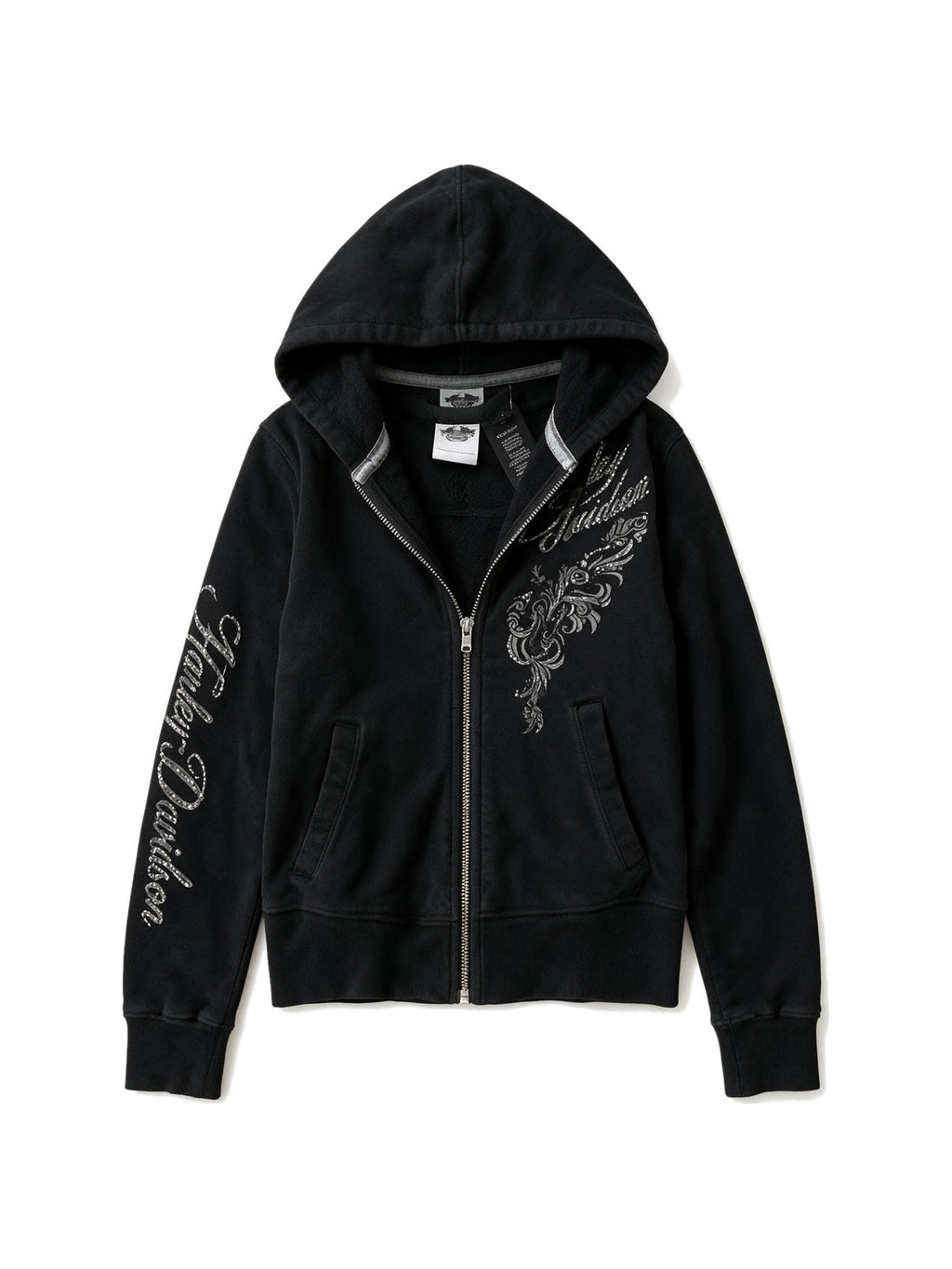 Black zip hoodie with silver embroidery