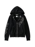 Black zip hoodie with silver embroidery