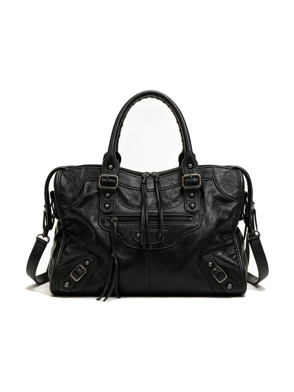 Washed black leather city moto shoulder bag with zip pockets