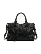 Washed black leather city moto shoulder bag with zip pockets
