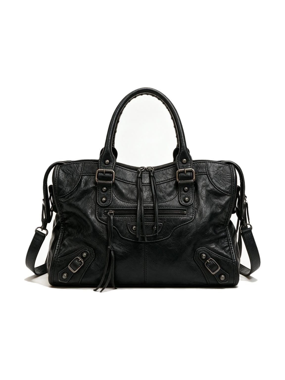 Washed black leather city moto shoulder bag with zip pockets