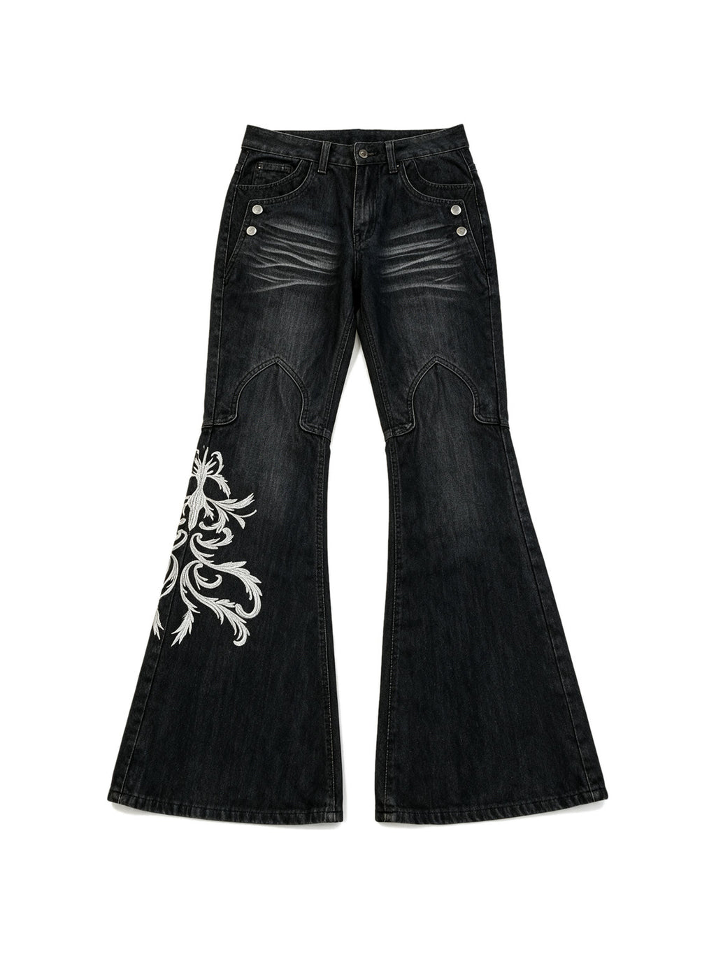 Black flare jeans with white filigree embroidery