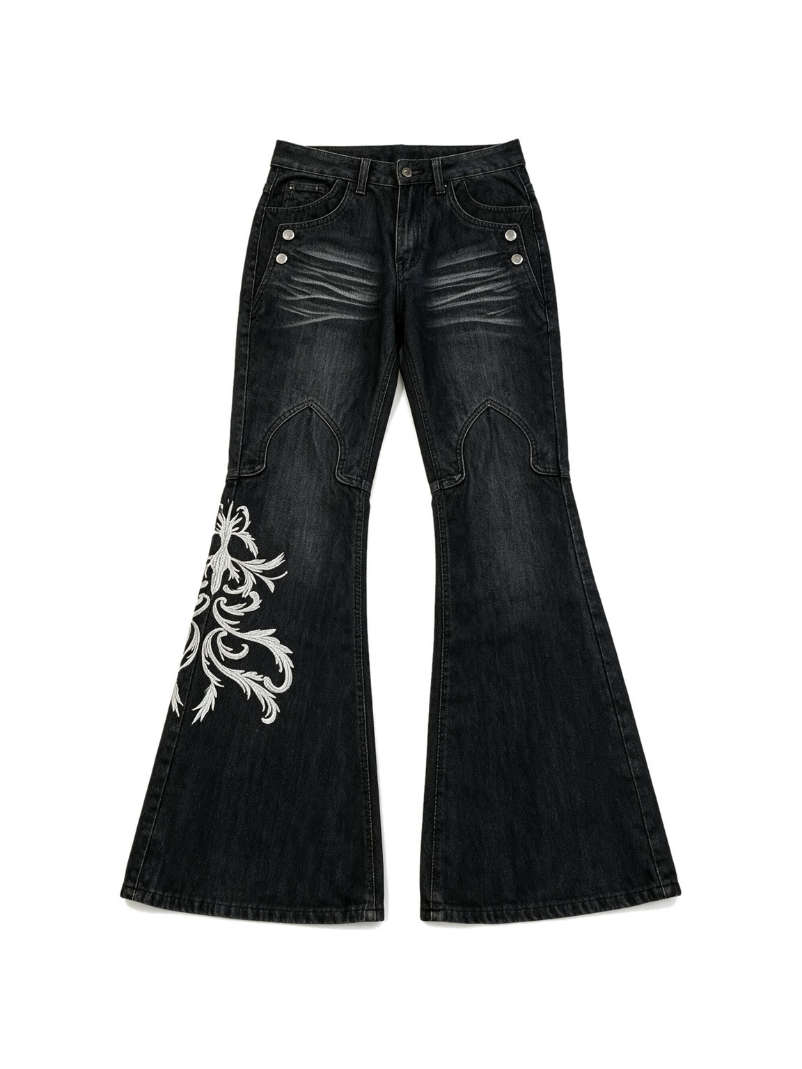 Black flare jeans with white filigree embroidery