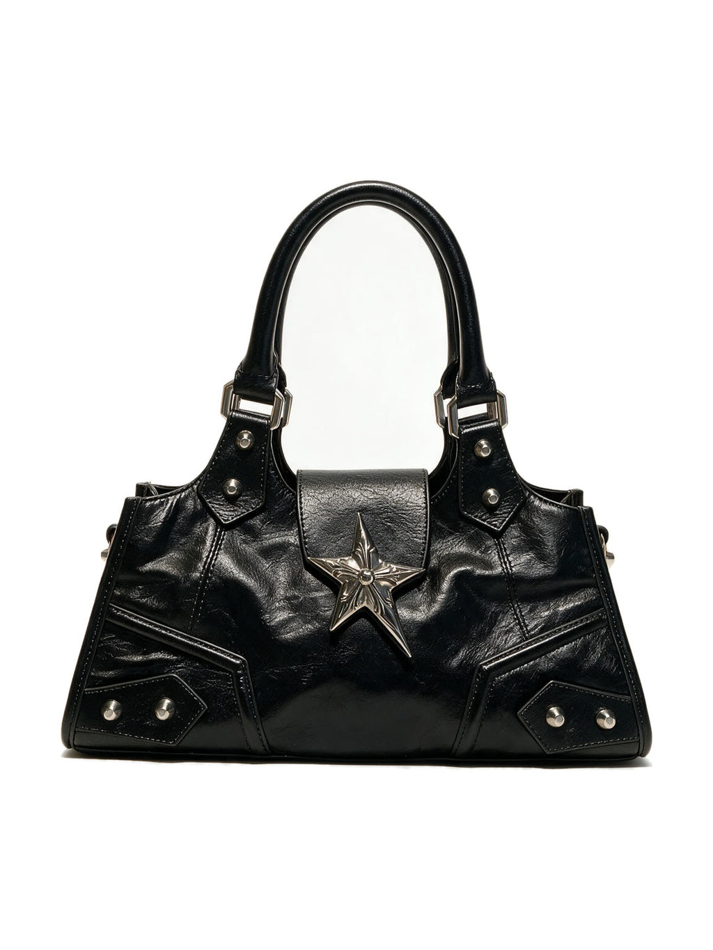Black leather baguette bag with a large silver star and studs