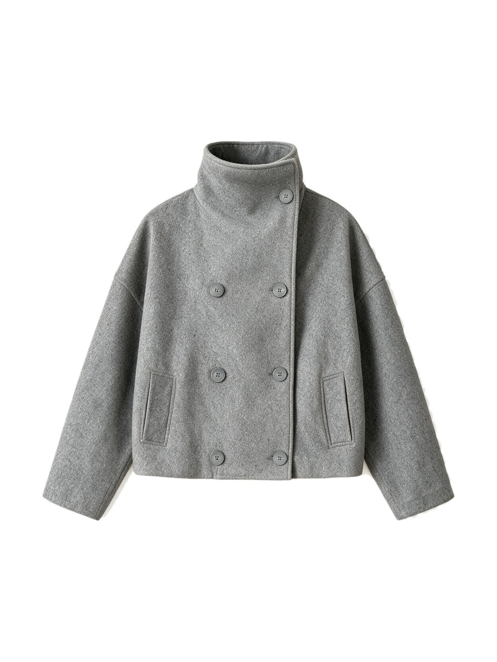 Grey cropped double breasted peacoat with a high collar