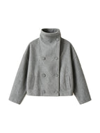 Grey cropped double breasted peacoat with a high collar
