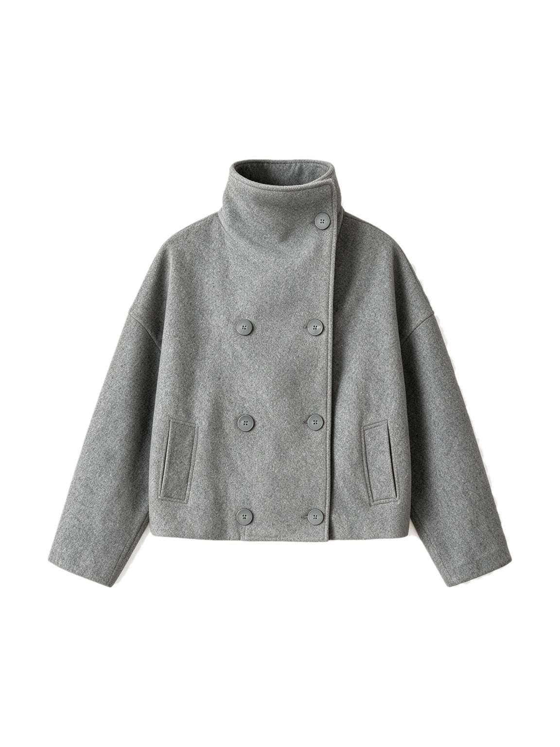 Grey cropped double breasted peacoat with a high collar