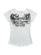 White baby tee with winged blackletter print