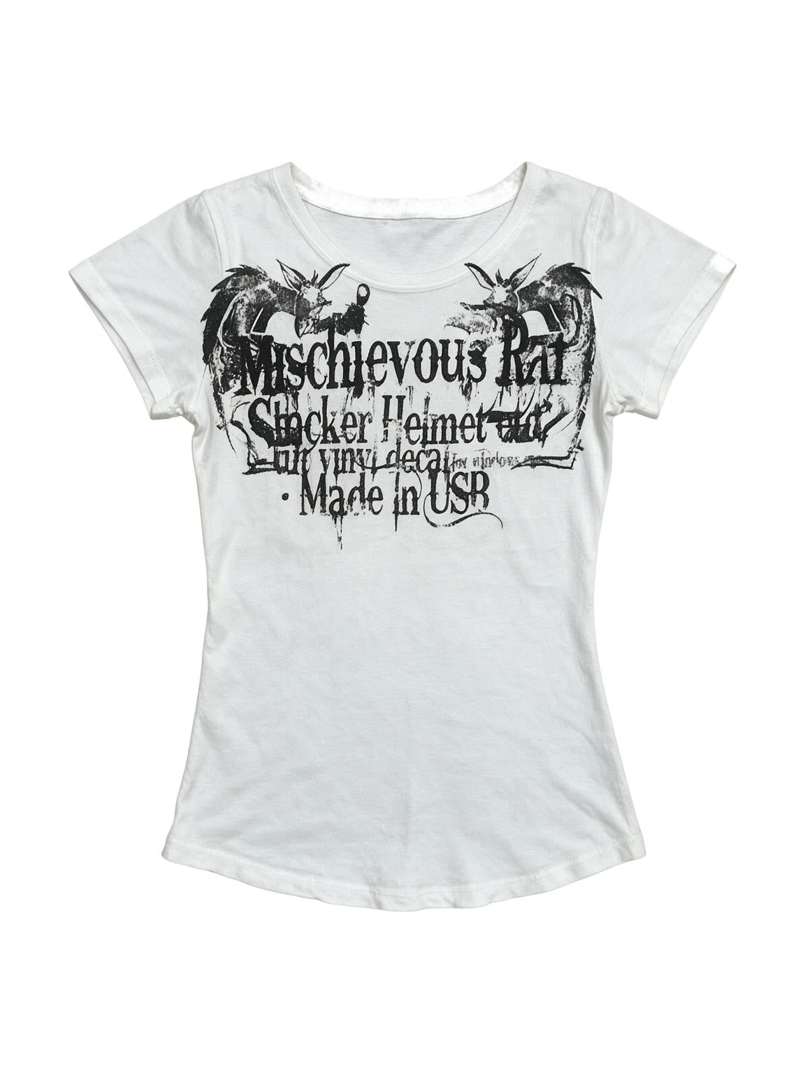 White baby tee with winged blackletter print