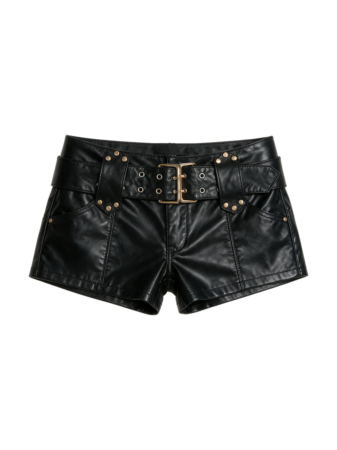 Black faux leather low rise shorts with a buckle belt
