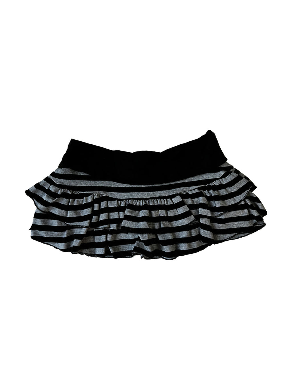Grey and black striped tiered micro skirt with a velvet waistband