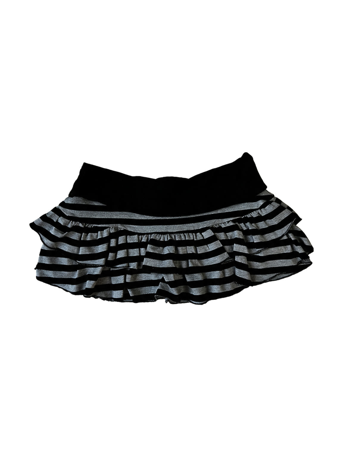 Grey and black striped tiered micro skirt with a velvet waistband
