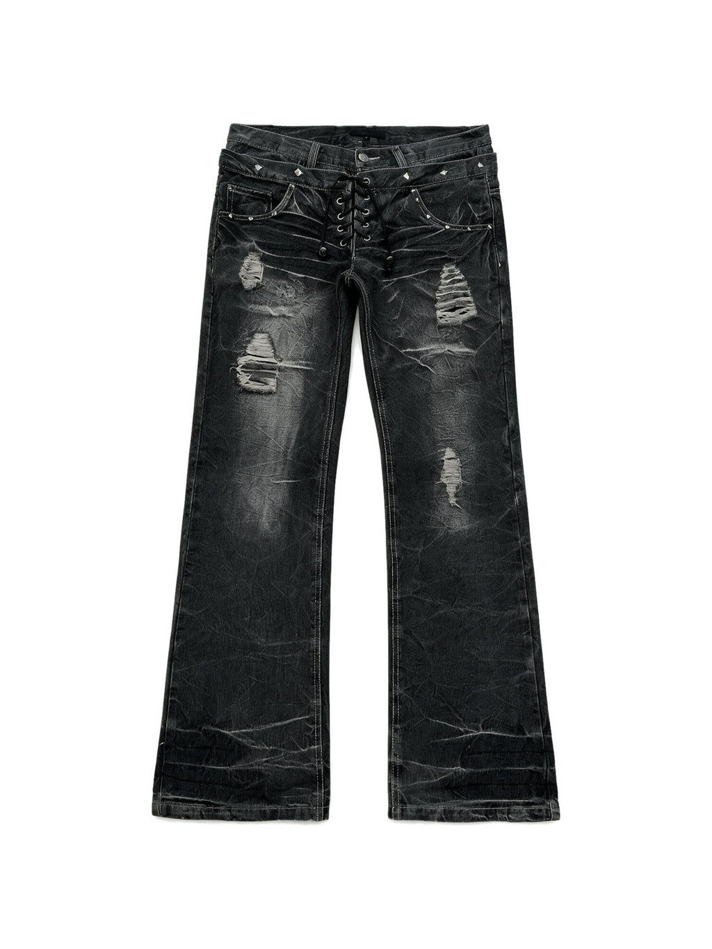 Dark washed flare jeans with a double laced waistband