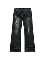 Dark washed flare jeans with a double laced waistband
