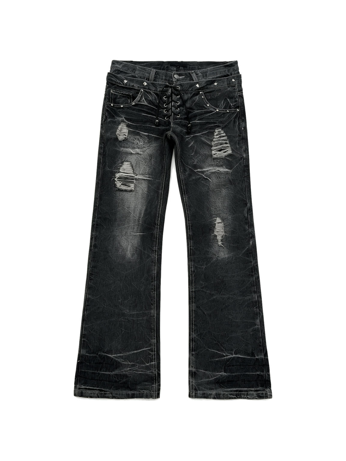 Dark washed flare jeans with a double laced waistband