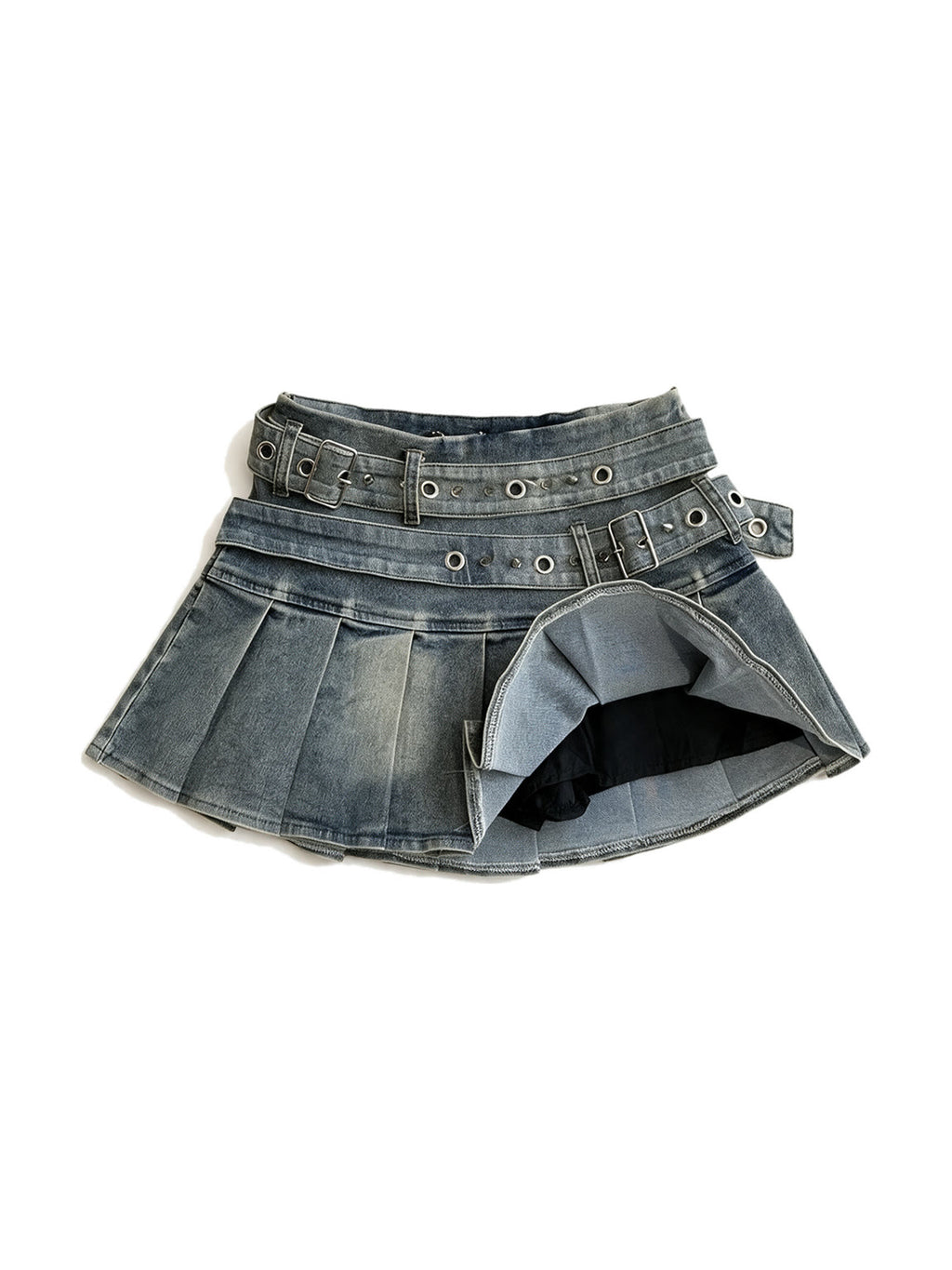 Washed denim pleated mini skirt with a riveted belt