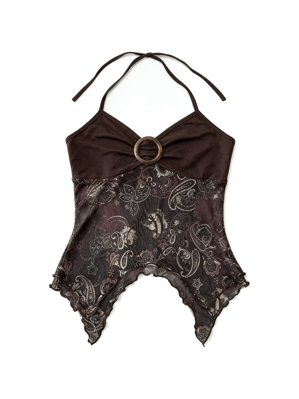 Brown paisley halter top with an O ring and handkerchief hem